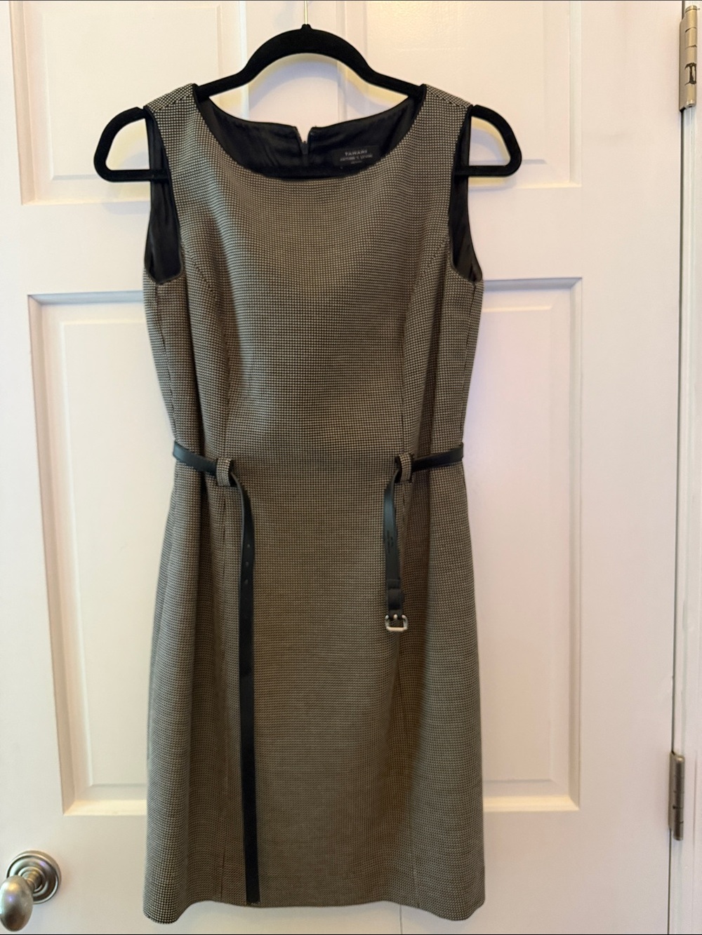 Sleeveless Houndstooth Midi Dress with Slim Belt - Black/Gray
